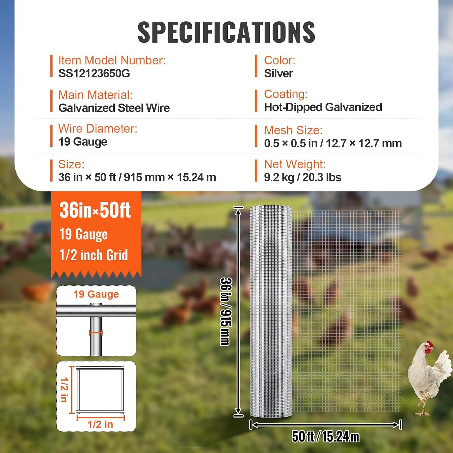 image:imageVEVOR Hardware Cloth 12 inch 48in x 50 ft 19 Gauge Hot Dipped Galvanized Wire Mesh Roll Chicken Wire Fencing Wire Mesh for Rabbit Cages Garden Small Rodents36 x 50