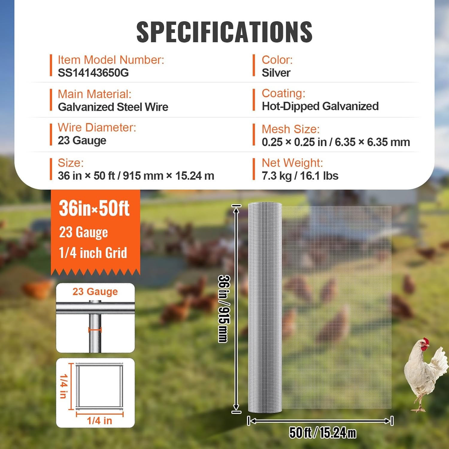 image:imageVEVOR Hardware Cloth 12 inch 48in x 50 ft 19 Gauge Hot Dipped Galvanized Wire Mesh Roll Chicken Wire Fencing Wire Mesh for Rabbit Cages Garden Small Rodents36 x 50