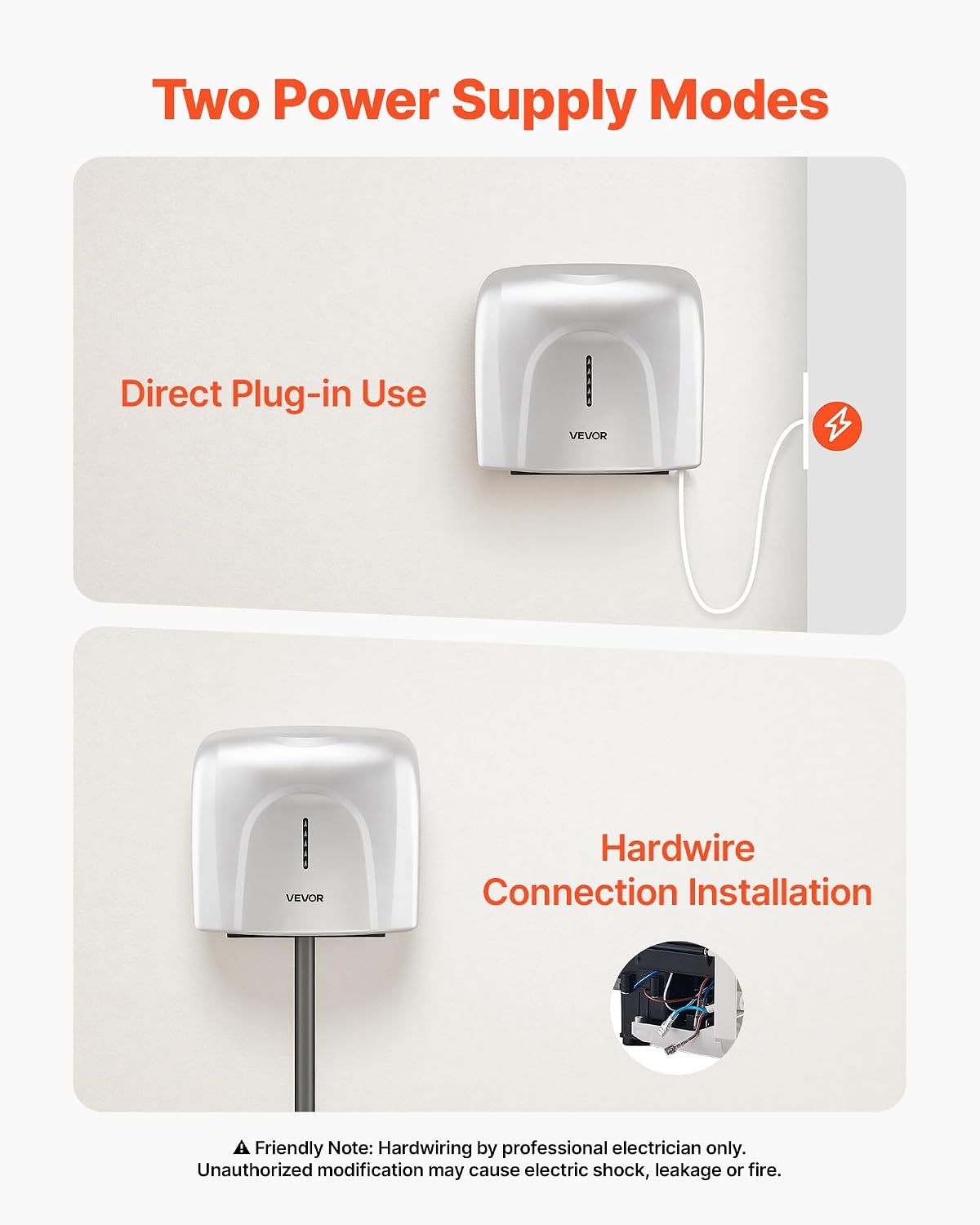 image:imageVEVOR Heavy Duty Commercial Hand Dryer 1300W Automatic High Speed Stainless Steel Warm Wind Hand Blower 120V Plug inHardwired Two Power Options Compliant for Industry Business RestroomsSilverplastic
