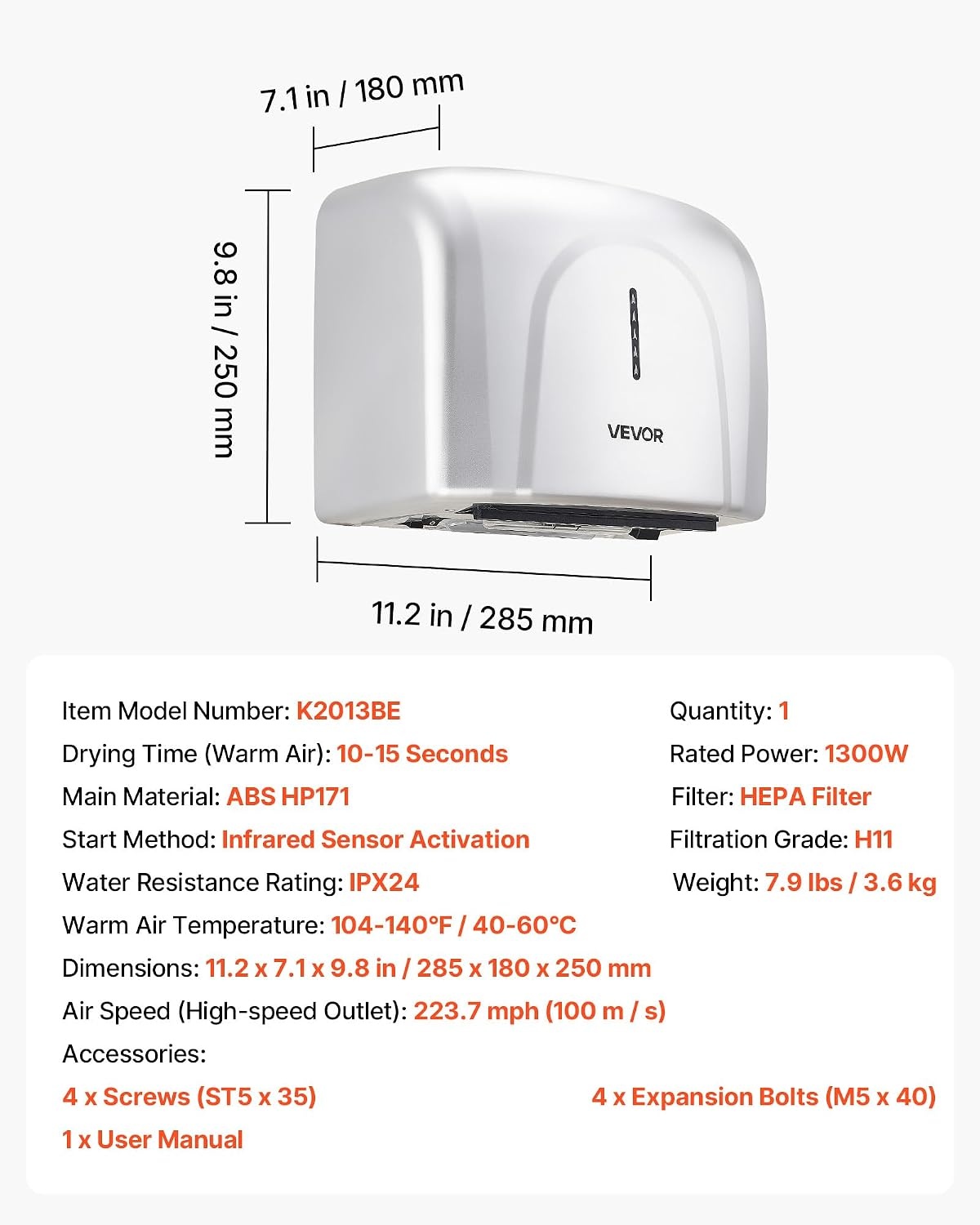 image:imageVEVOR Heavy Duty Commercial Hand Dryer 1300W Automatic High Speed Stainless Steel Warm Wind Hand Blower 120V Plug inHardwired Two Power Options Compliant for Industry Business RestroomsSilverplastic