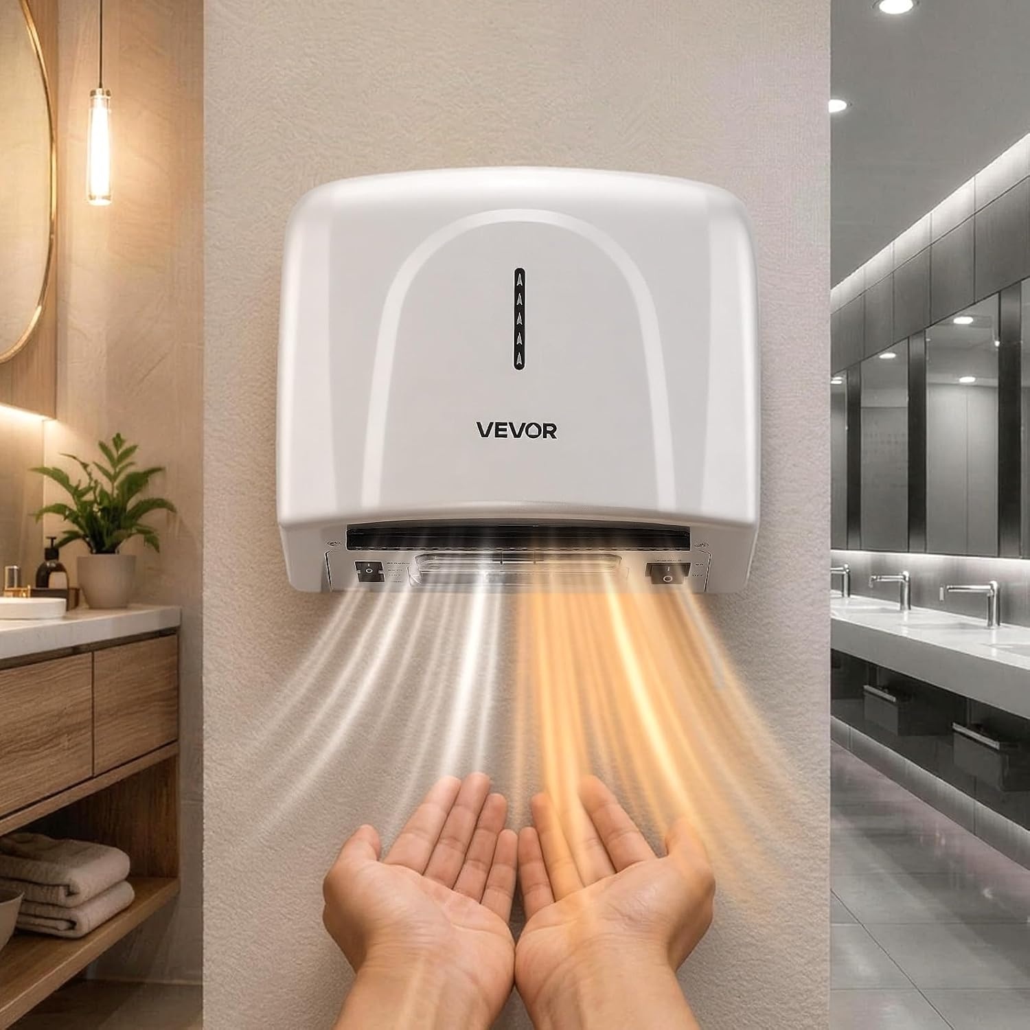 image:imageVEVOR Heavy Duty Commercial Hand Dryer 1300W Automatic High Speed Stainless Steel Warm Wind Hand Blower 120V Plug inHardwired Two Power Options Compliant for Industry Business RestroomsSilverplastic