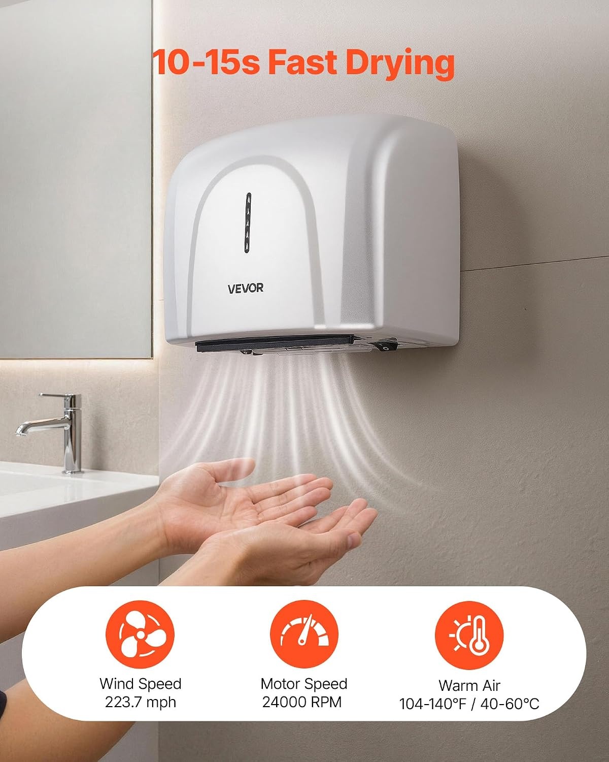 image:imageVEVOR Heavy Duty Commercial Hand Dryer 1300W Automatic High Speed Stainless Steel Warm Wind Hand Blower 120V Plug inHardwired Two Power Options Compliant for Industry Business RestroomsSilverplastic