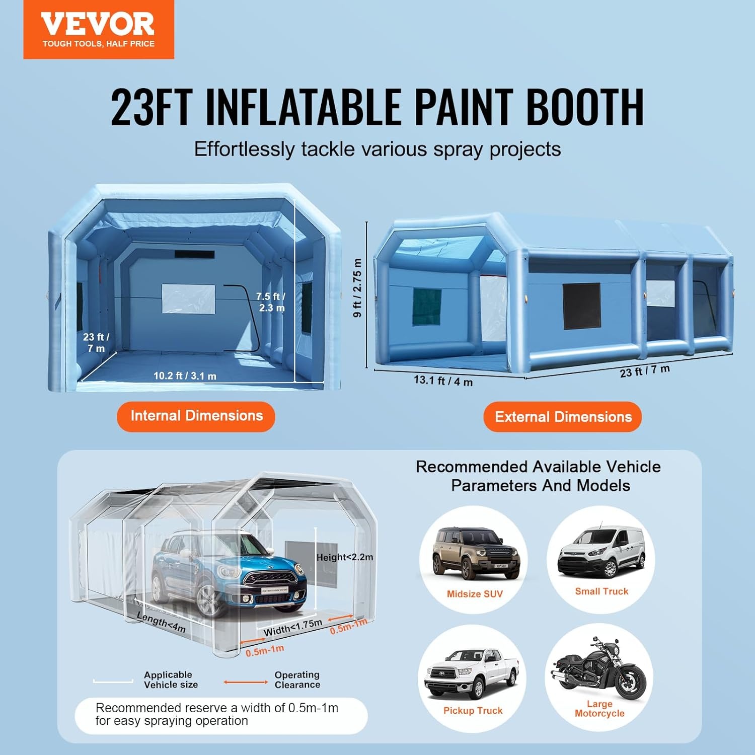 image:imageVEVOR Inflatable Paint Booth 98 x 82 x 82 ft Inflatable Spray Booth with 550W Powerful Blower and Air Filter System Portable Car Paint Booth for Motorcycle Bicycle Small Furniture Painting23x13x9Ft