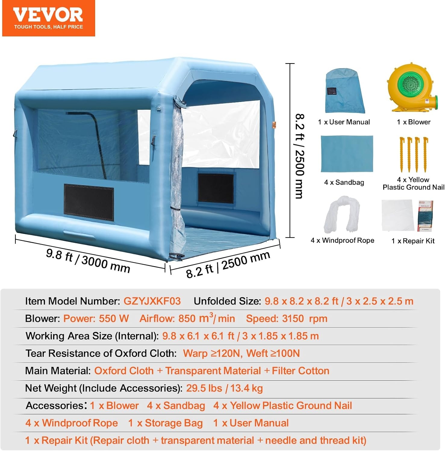 image:imageVEVOR Inflatable Paint Booth 98 x 82 x 82 ft Inflatable Spray Booth with 550W Powerful Blower and Air Filter System Portable Car Paint Booth for Motorcycle Bicycle Small Furniture Painting10x85x85Ft