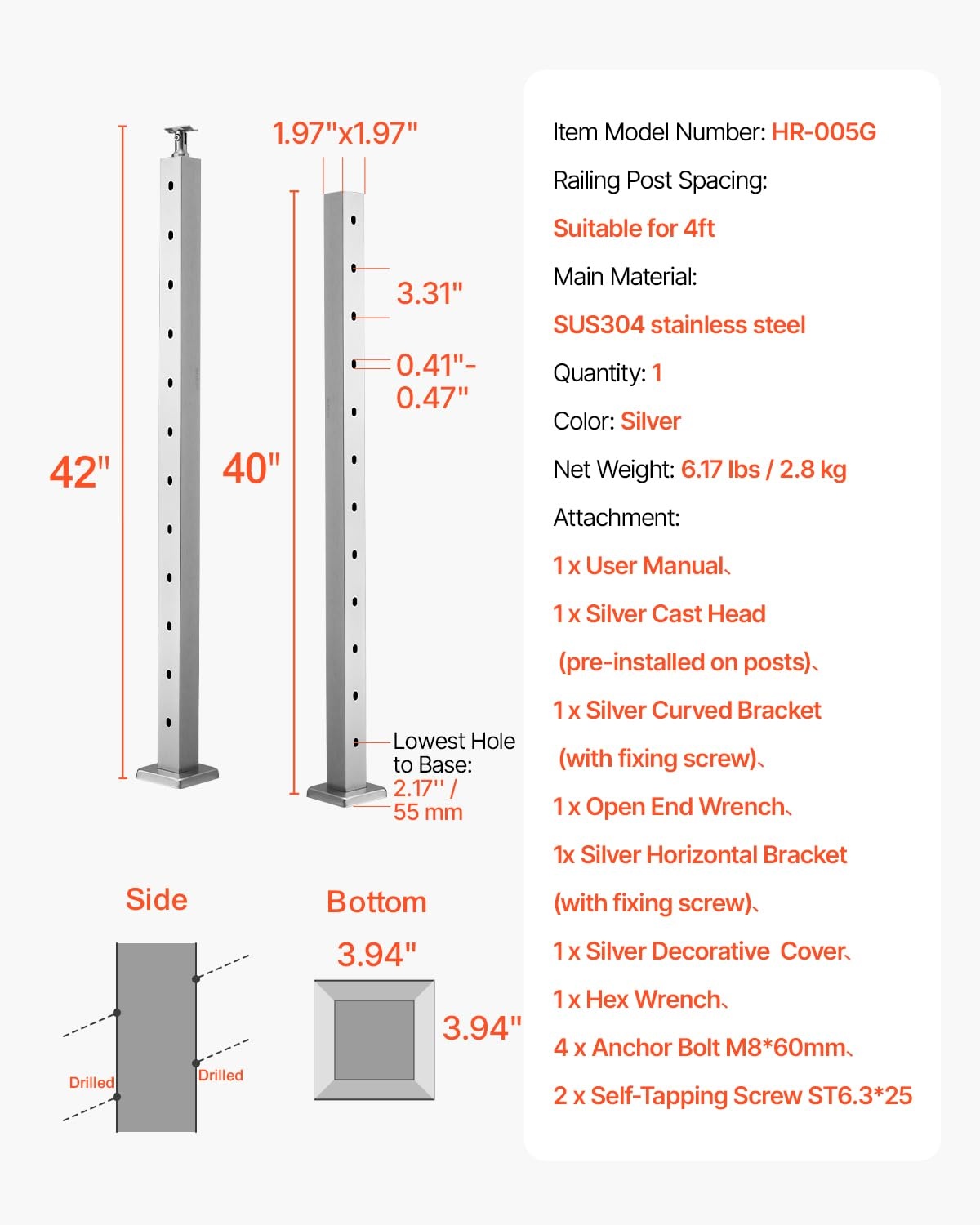 image:imageVEVOR Level Drilled Cable Railing Post 10 Holes 36x2x2 Inches Stainless Steel Cable Railing System Kit for Indoor Outdoor Deck Balcony 4 Pack Black Product ID 4JZLGZXHS914MY65M001V0Stair PostSilver