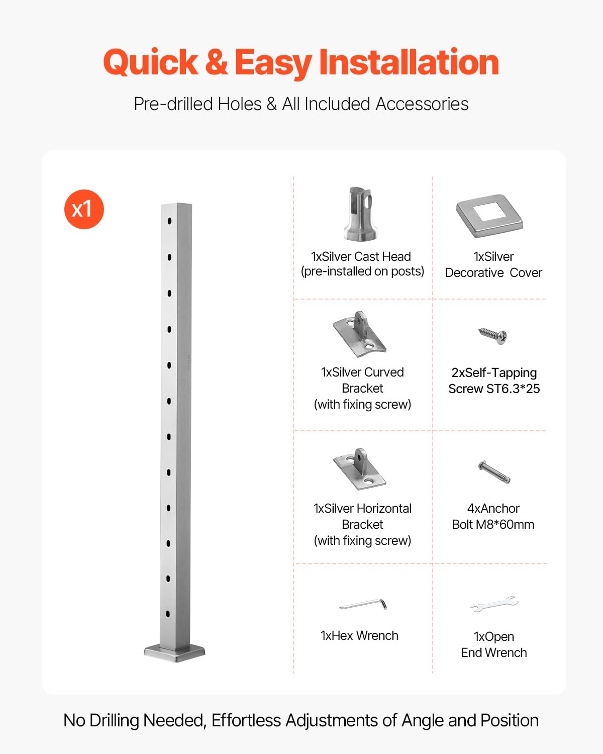 image:imageVEVOR Level Drilled Cable Railing Post 10 Holes 36x2x2 Inches Stainless Steel Cable Railing System Kit for Indoor Outdoor Deck Balcony 4 Pack Black Product ID 4JZLGZXHS914MY65M001V0Stair PostSilver