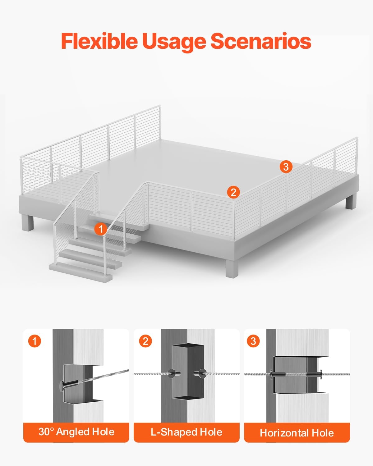 image:imageVEVOR Level Drilled Cable Railing Post 10 Holes 36x2x2 Inches Stainless Steel Cable Railing System Kit for Indoor Outdoor Deck Balcony 4 Pack Black Product ID 4JZLGZXHS914MY65M001V0Stair PostSilver
