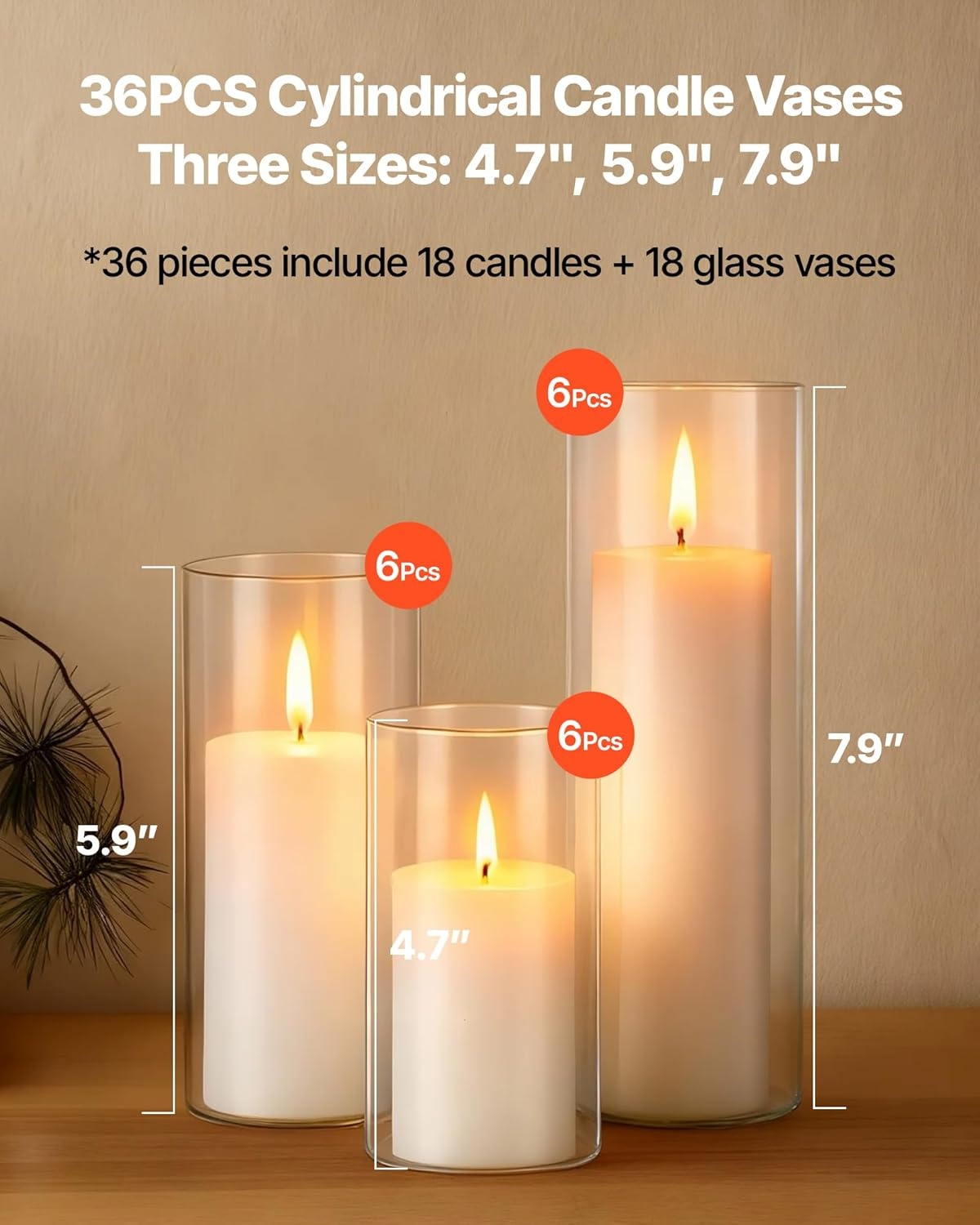 image:imageVEVOR Pillar Candles and Glass Vases Set 36 Pcs Clear Cylinder Hurricane Candle Holders for Wedding Centerpieces Tall Vase for Table Decor Wedding Party ThanksgivingWhite 256 x 47597936 Pcs