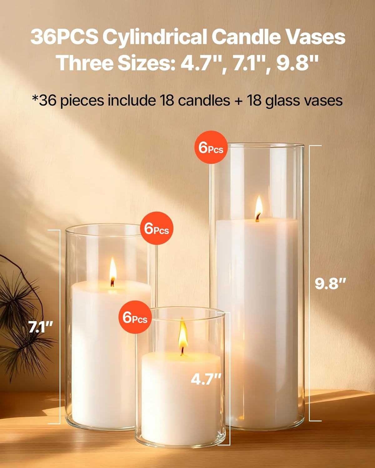 image:imageVEVOR Pillar Candles and Glass Vases Set 36 Pcs Clear Cylinder Hurricane Candle Holders for Wedding Centerpieces Tall Vase for Table Decor Wedding Party ThanksgivingWhite 256 x 47597936 Pcs