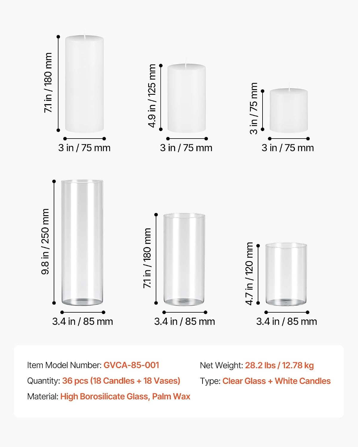 image:imageVEVOR Pillar Candles and Glass Vases Set 36 Pcs Clear Cylinder Hurricane Candle Holders for Wedding Centerpieces Tall Vase for Table Decor Wedding Party ThanksgivingWhite 256 x 47597936 Pcs