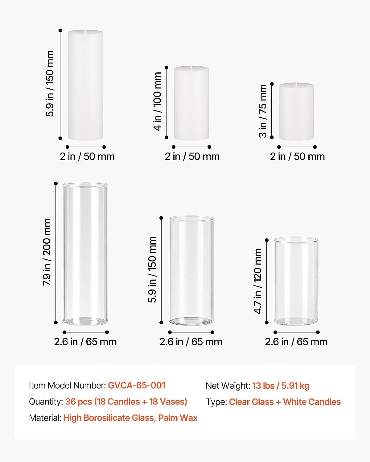 image:imageVEVOR Pillar Candles and Glass Vases Set 36 Pcs Clear Cylinder Hurricane Candle Holders for Wedding Centerpieces Tall Vase for Table Decor Wedding Party ThanksgivingWhite 256 x 47597936 Pcs
