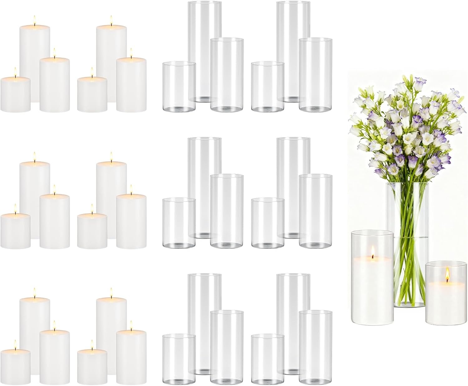image:imageVEVOR Pillar Candles and Glass Vases Set 36 Pcs Clear Cylinder Hurricane Candle Holders for Wedding Centerpieces Tall Vase for Table Decor Wedding Party ThanksgivingWhite 256 x 47597936 Pcs