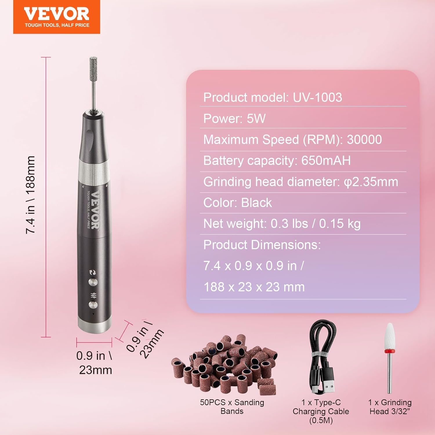 image:imageVEVOR Portable Electric Rechargeable Nail Drill 35000RPM Cordless Nail E File Machine LCDDisplay Acrylic Gel Grinder Tool for Manicure Pedicure Carve Polish with 6 Bits and 50PCS Sanding BandsE File