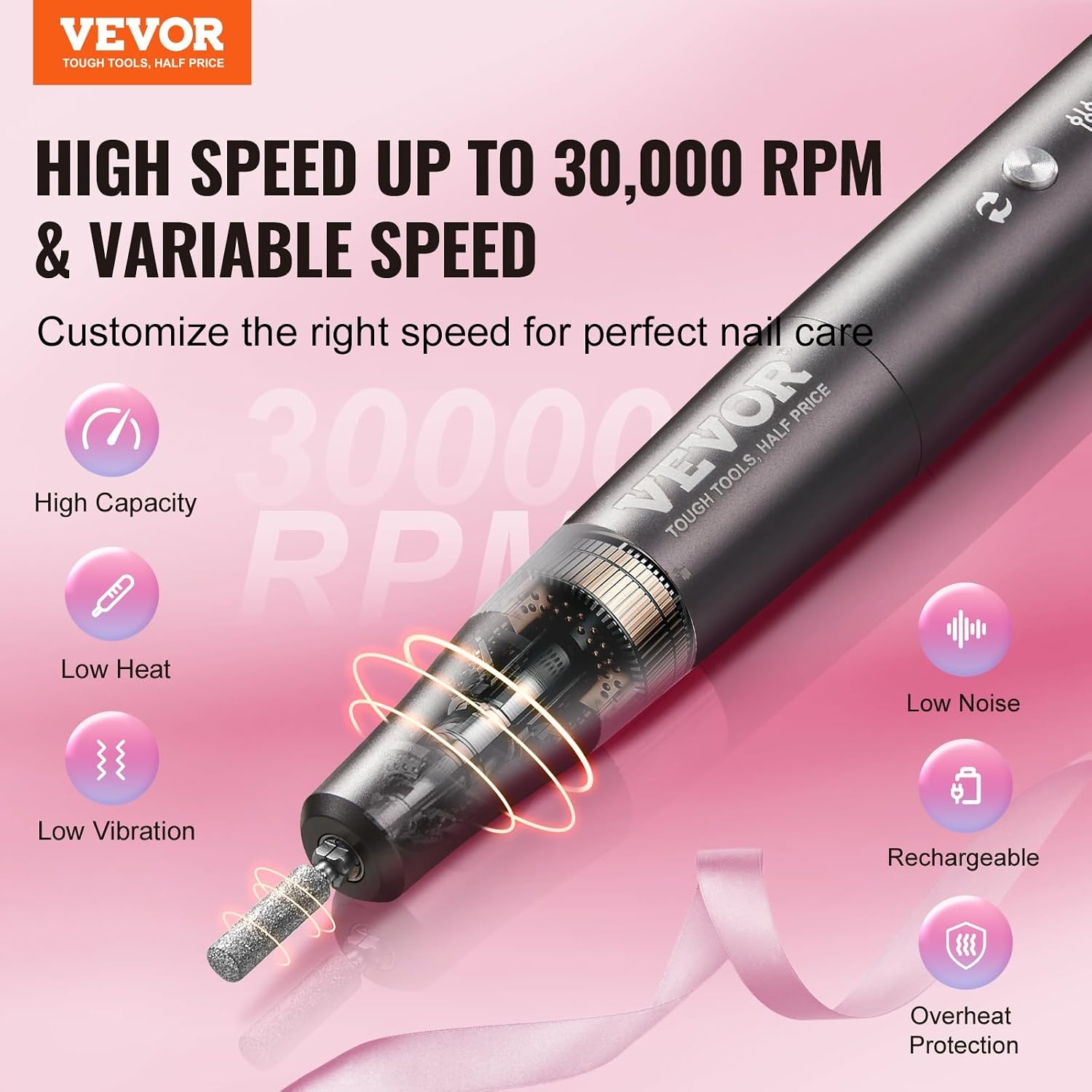 image:imageVEVOR Portable Electric Rechargeable Nail Drill 35000RPM Cordless Nail E File Machine LCDDisplay Acrylic Gel Grinder Tool for Manicure Pedicure Carve Polish with 6 Bits and 50PCS Sanding BandsE File