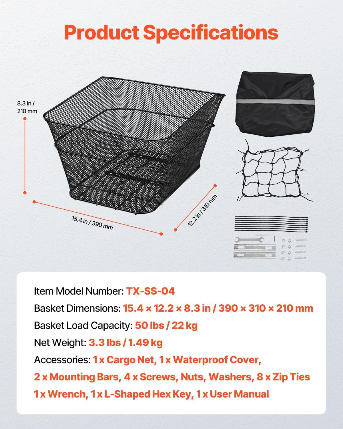 image:imageVEVOR Rear Bike Basket Wire Mesh Bicycle Basket with Cargo Net amp Waterproof Cover Durable Metal Bike Back Basket Fits Most Rear Bike Racks Mounting Tools Included