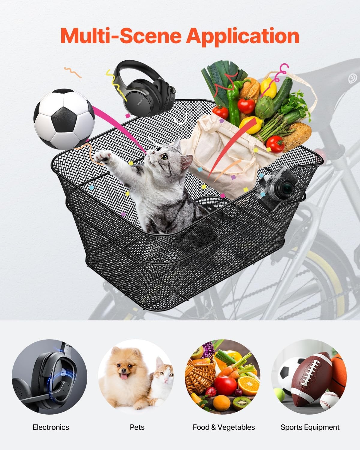 image:imageVEVOR Rear Bike Basket Wire Mesh Bicycle Basket with Cargo Net amp Waterproof Cover Durable Metal Bike Back Basket Fits Most Rear Bike Racks Mounting Tools Included