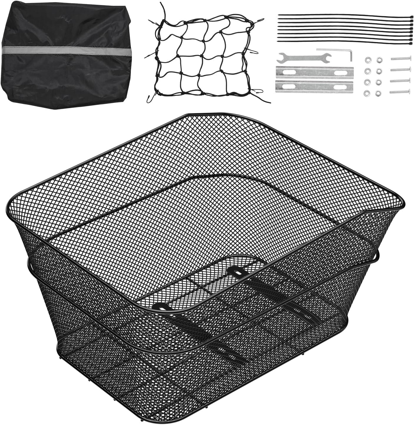 image:imageVEVOR Rear Bike Basket Wire Mesh Bicycle Basket with Cargo Net amp Waterproof Cover Durable Metal Bike Back Basket Fits Most Rear Bike Racks Mounting Tools Included