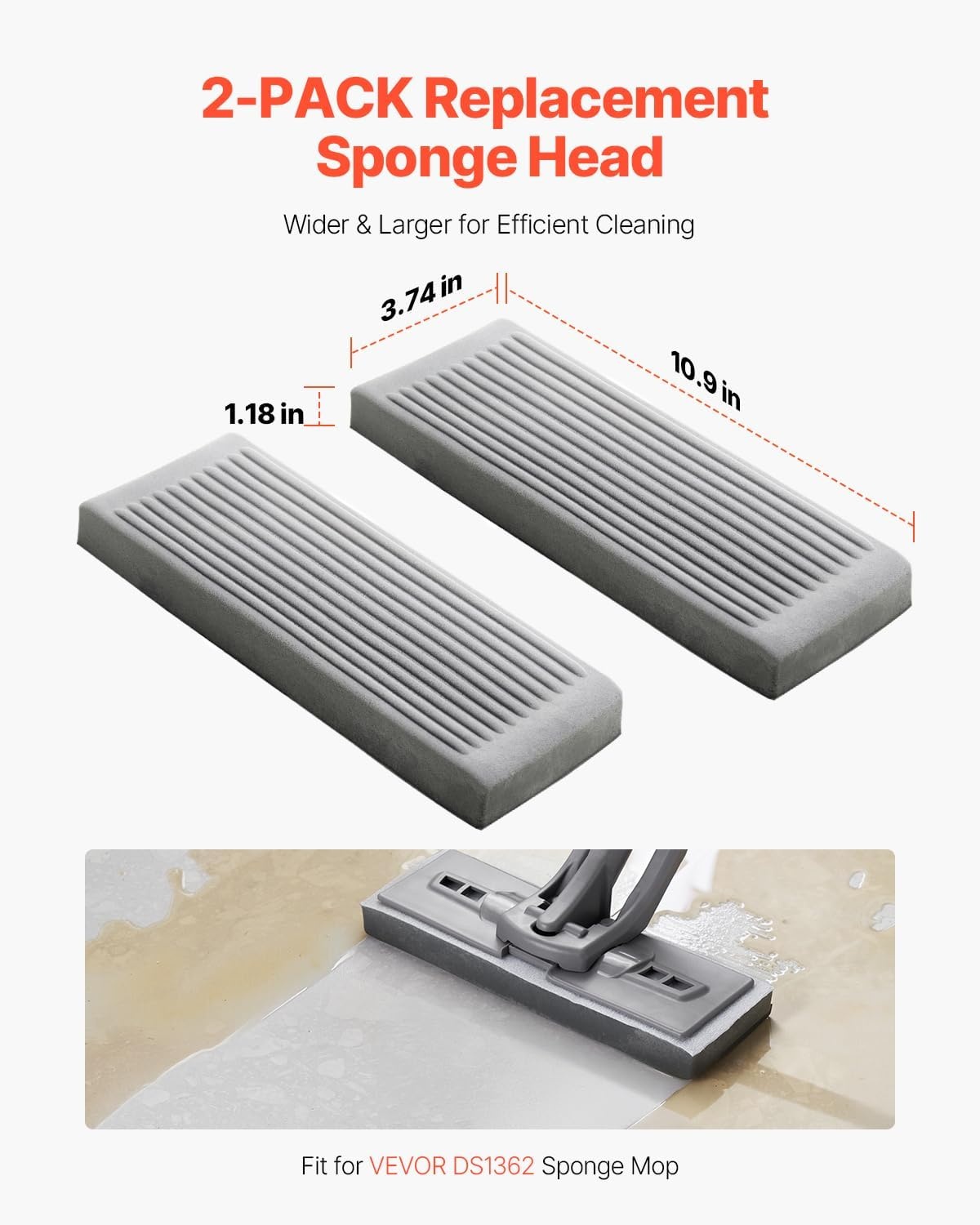 image:imageVEVOR Sponge Mop Replacement 2Piece High Density Wider PU Sponge Mop Head Replacement with Hook amp Loop Fit for Various Floors