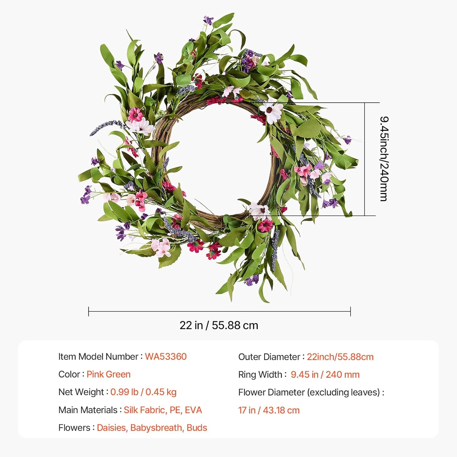 image:imageVEVOR Spring Wreath for Front Door 24 Inch Large Artificial Flower Wreath with Hydrangea amp Peony YearRound All Season Outdoor Indoor Door DecorPink Green