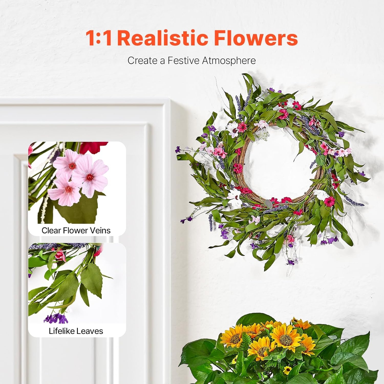 image:imageVEVOR Spring Wreath for Front Door 24 Inch Large Artificial Flower Wreath with Hydrangea amp Peony YearRound All Season Outdoor Indoor Door DecorPink Green