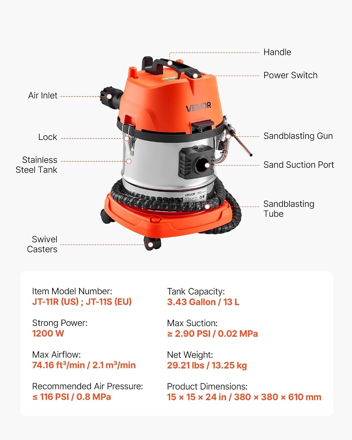 image:imageVEVOR Walnut Blaster Kit for Carbon Cleaning 1200W Sand Blaster with Builtin Vacuum Extension Nozzle Sandblaster Gun and 55lbs Walnut Shell for Engine Intake Valve Cleaning 13L Large Capacity amp HighEfficiency Cleaning13L