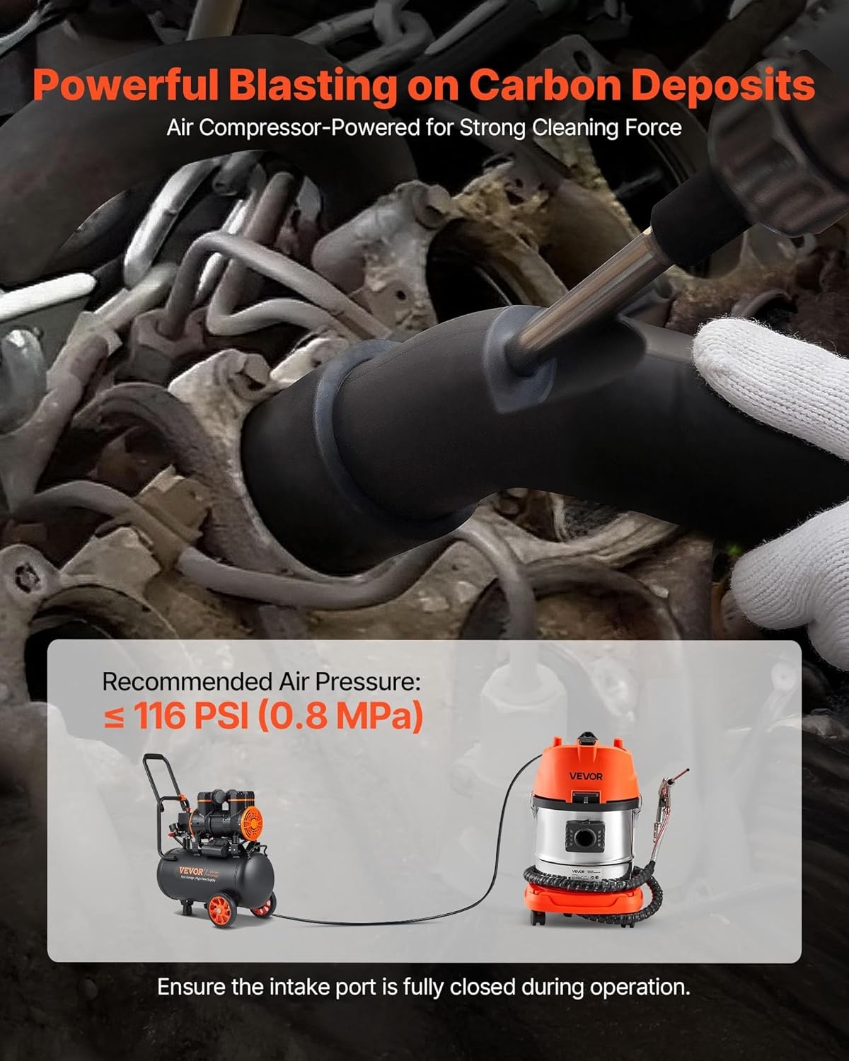 image:imageVEVOR Walnut Blaster Kit for Carbon Cleaning 1200W Sand Blaster with Builtin Vacuum Extension Nozzle Sandblaster Gun and 55lbs Walnut Shell for Engine Intake Valve Cleaning 13L Large Capacity amp HighEfficiency Cleaning13L