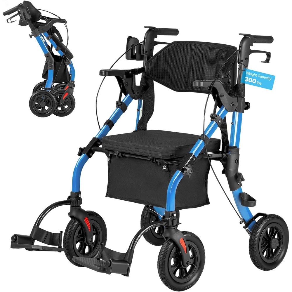 image:imageVEVOR 2in1 Rollator Walker amp Transport Chair for Seniors Foldable Rolling Walker Wheelchair Lightweight Aluminum Mobility Walking Aid with Solid PU Wheels Cup amp Cane Holder  Supports 300LBSBlue  Black