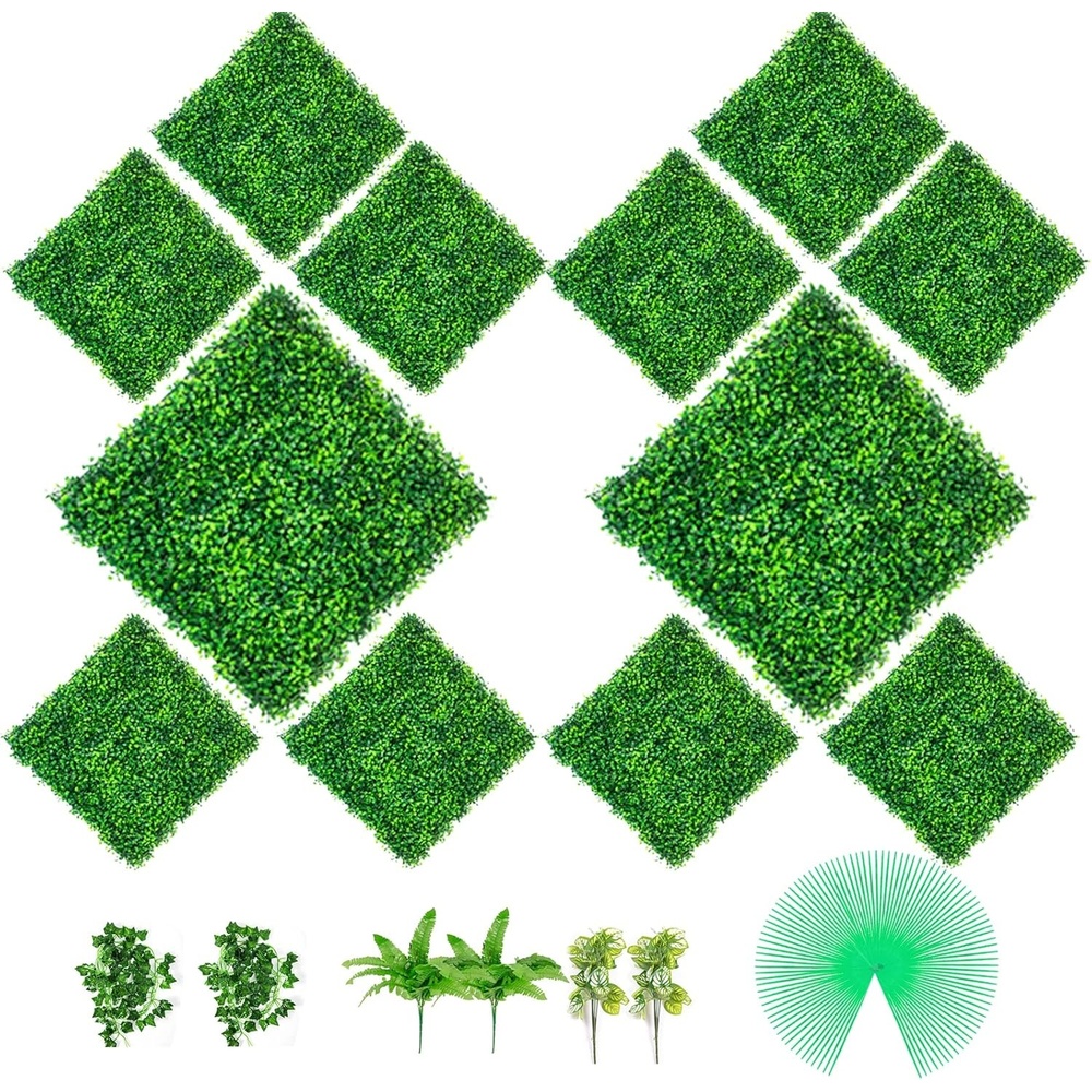 image:imageVEVOR Artificial Boxwood Panel 6pcs 20 x 20 in 16 in Sun Protected Boxwood Hedge Wall Panels Artificial Grass Backdrop Green Fake Wall for Privacy Fence Decor Indoor Outdoor Garden BackyardCeleste Y Blanco