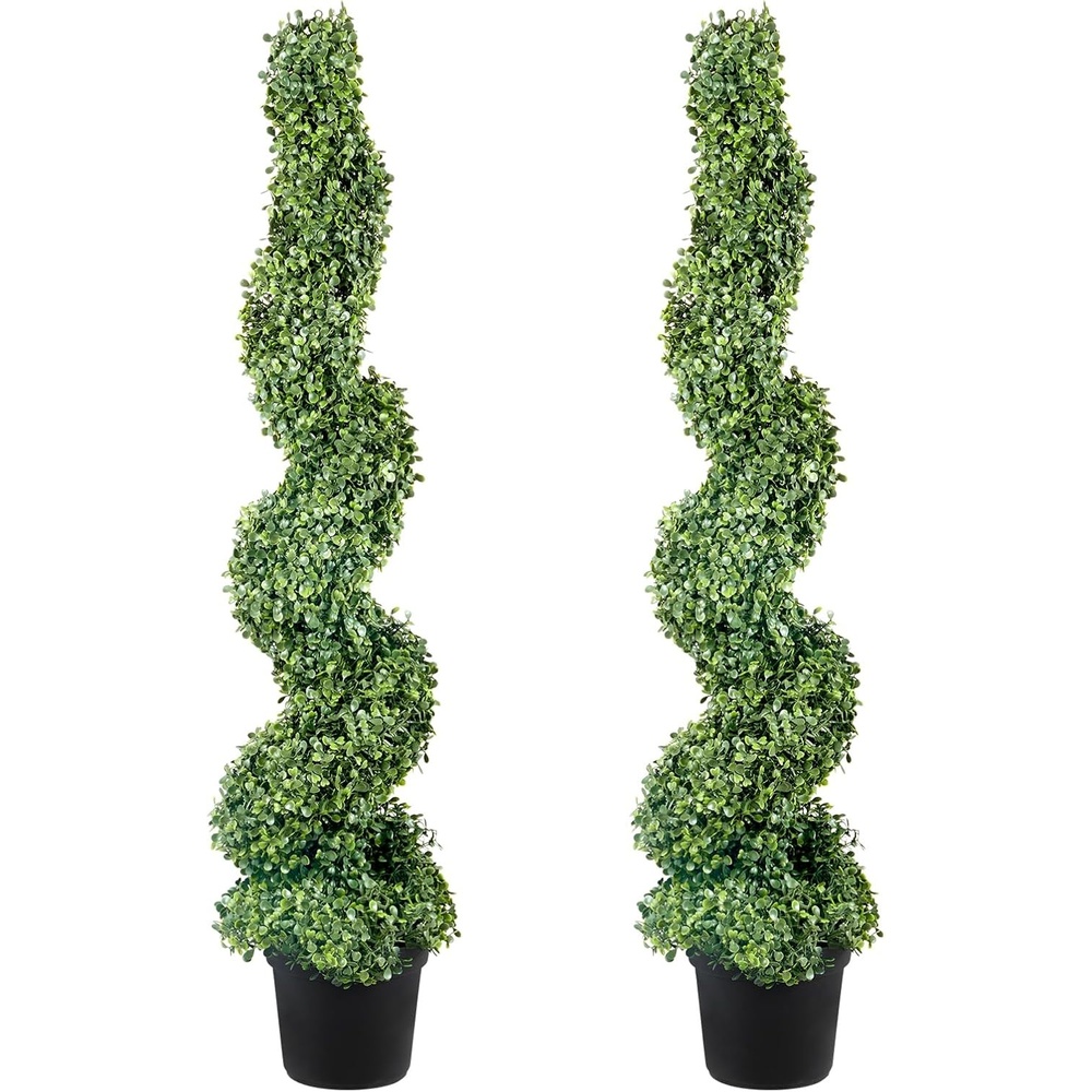 image:imageVEVOR Artificial Boxwood Topiary Tree 60 inch Tall 2 Pieces Spiral Faux Topiary Trees Faux Plant wExtra Leaves amp Pot amp Small Decoration UV Rated Greenery Set for Home Decor IndoorOutdoor4ft