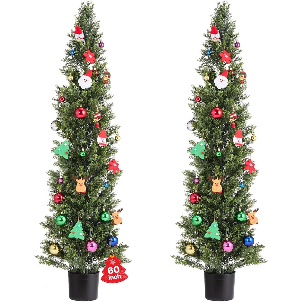 image:imageVEVOR Artificial Cedar Topiary Trees 60 inch 2 Set Faux Pine Shrubs Plants Fake Silk Tree Look Real Easy Assembly for Decor Front Porch Outdoor Patio Garden Balcony Backyard Indoor Office5FT