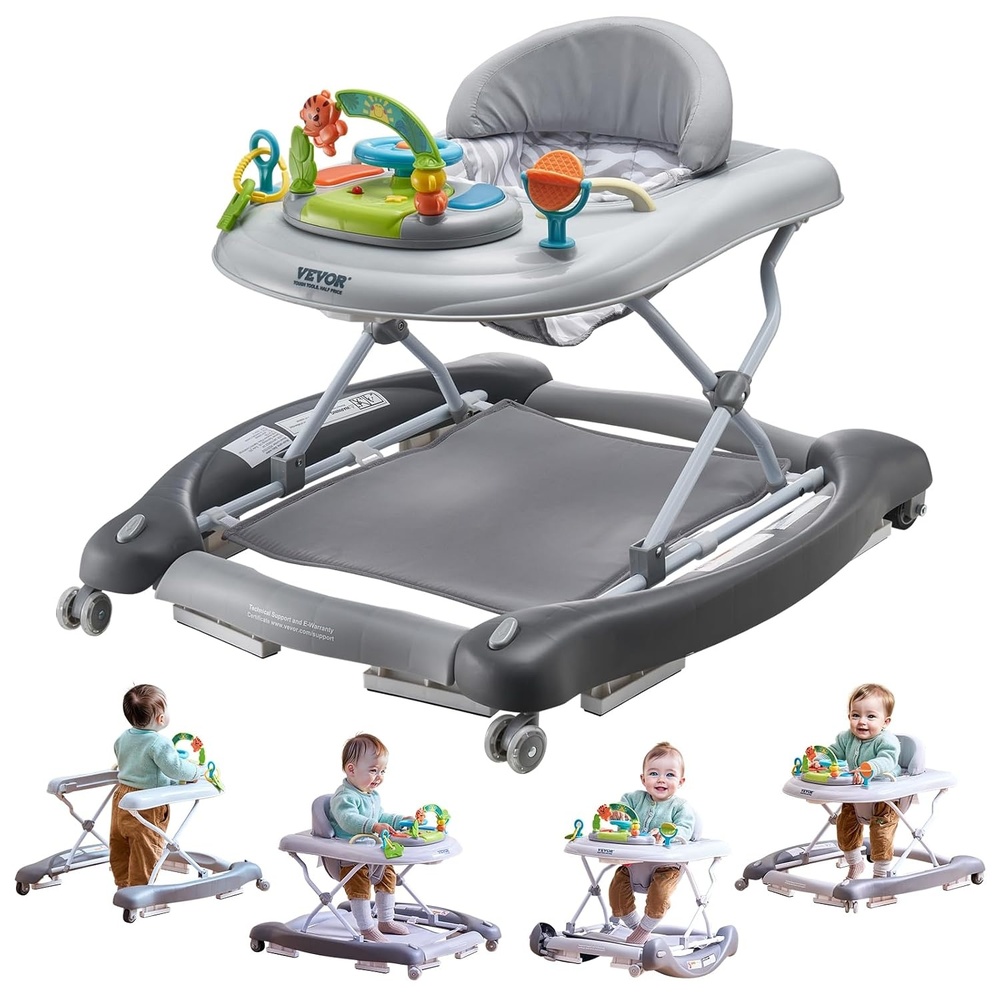 image:imageVEVOR Baby Walker Foldable Baby Walkers and Activity Center on Wheels 3Level Height Adjustable Toddler Infant Walker with Feeding Tray AntiRollover Activity Walker Helper for Boy Girl 612 MonthsGray