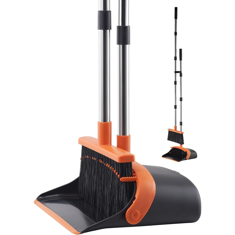 image:imageVEVOR Broom and Dustpan Set Heavy Duty Dustpan and Broom Combo with SelfCleaning Teeth Metal Upright Standing Dust Pan with Long Handle Ideal for Home Restaurant Office Dorm BlackOrange