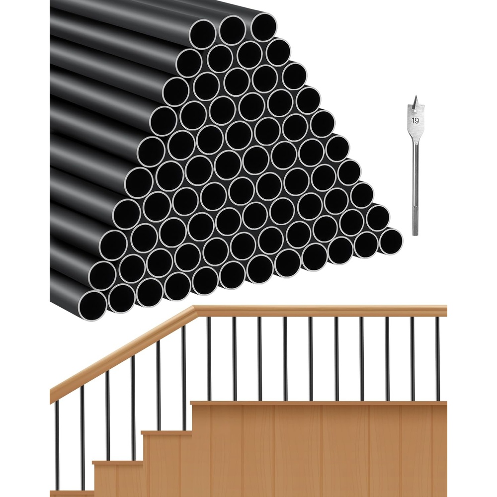 image:imageVEVOR Deck Balusters 51 Pack 26 in Aluminum Stair Balusters 34 in RainwaterProof Round Metal Spindle Railing Durable Hollow Deck Railing with 19 Drill Bit for Stairs Porch Patio Black32 Inch101 Pack