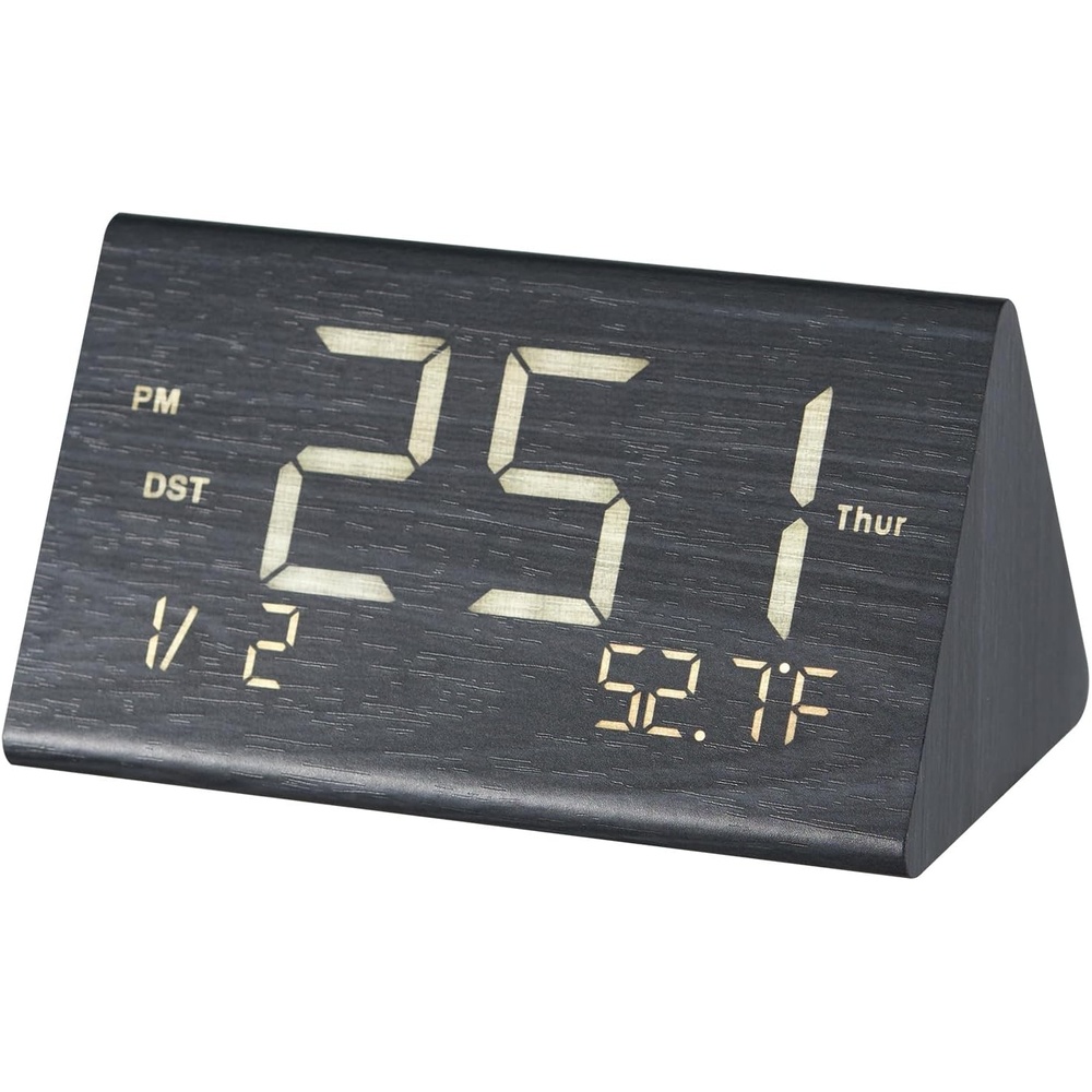 image:imageVEVOR Digital Alarm Clock Wooden Desk Clock with Dual Alarm USB Port Snooze Night Light Voice Control Adjustable Volume Bedside Desktop Clock with Charger for Bedroom Kitchen Office Black