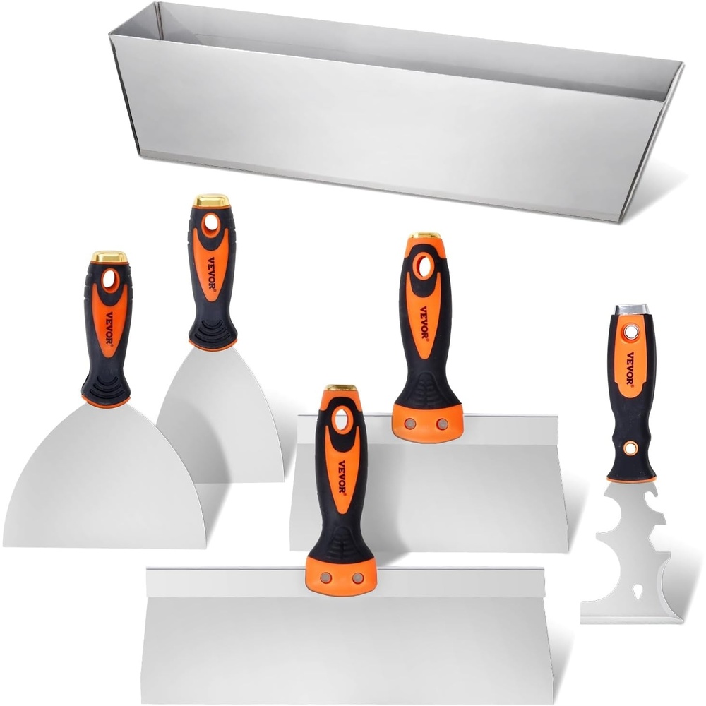 image:imageVEVOR Drywall Knife Set 6 PCS Drywall Tools Includes 3 Painter Scraper Two Putty Knives Two Taping Knives and 12 Mud Pan Stainless Steel Spackle Tool Drywall Finishing Tools for Home