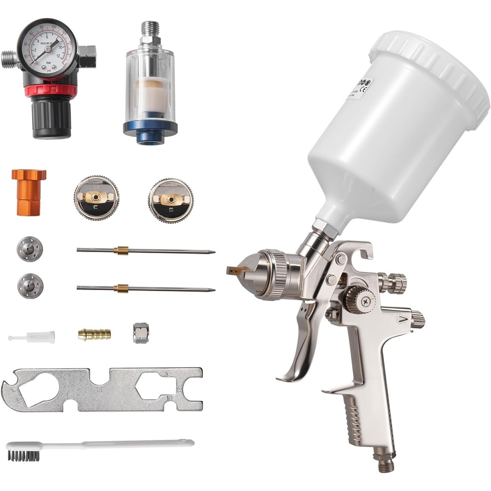 image:imageVEVOR HVLP Air Spray Gun Gravity Feed Paint Sprayer Gun with 3 Nozzles 131417mm 600ml Capacity Auto Paint Sprayer with Air Regulator for Automotive Primers Clear Coats amp TopcoatsLVLP 131417mm
