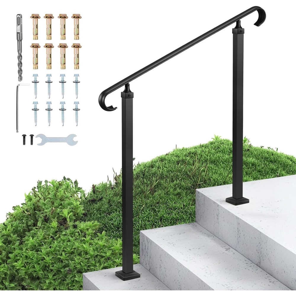 image:imageVEVOR Handrails for Outdoor Steps 1 Step Stair Hand Rail Kit Transitional Carbon Steel Railings with Installation Kit Stair Rails for Seniors Concrete Steps amp Porch amp Deck Black Retro ArchBlackStraight D