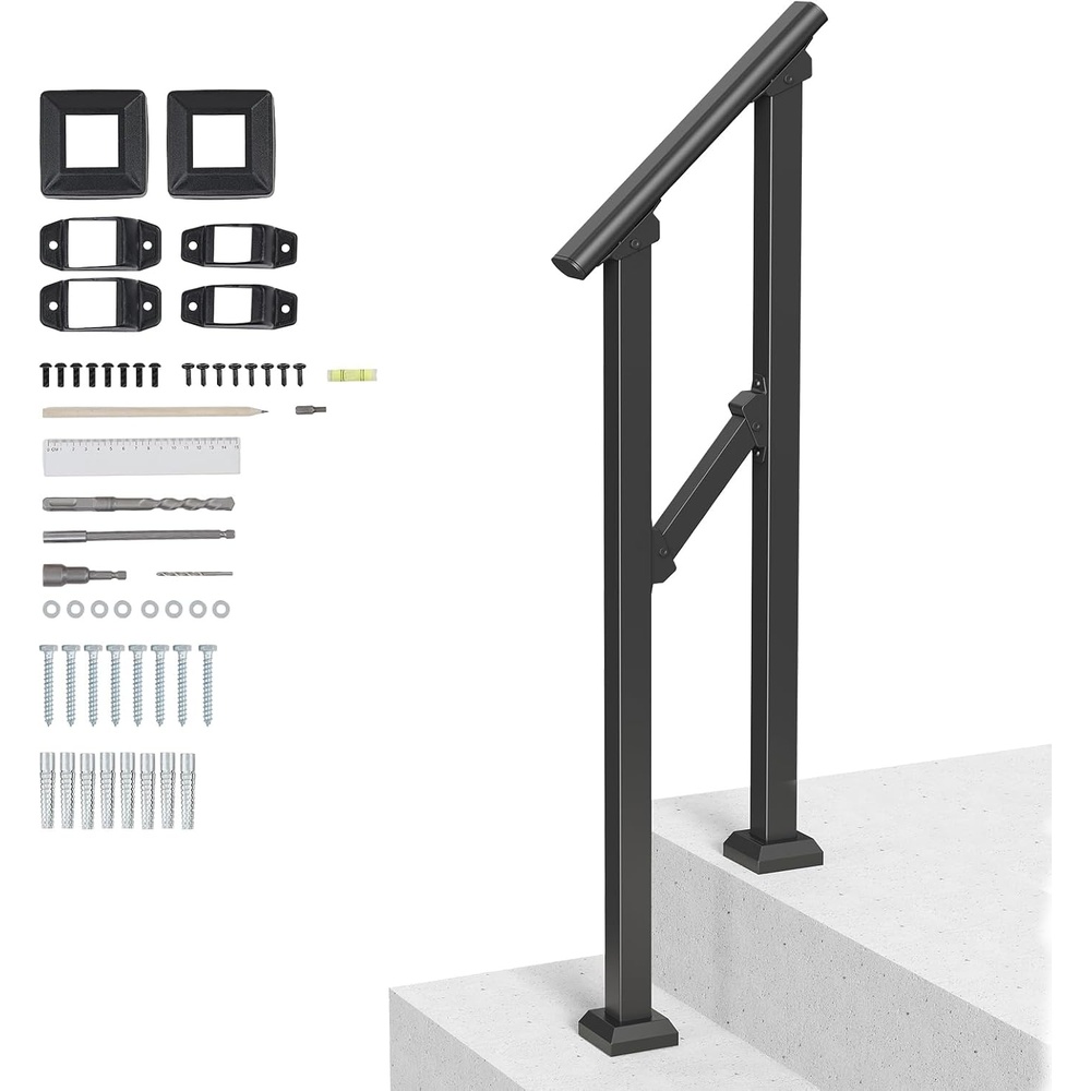 image:imageVEVOR Handrails for Outdoor Steps 1 Step Stair Hand Rail Kit Transitional Carbon Steel Railings with Installation Kit Stair Rails for Seniors Concrete Steps amp Porch amp Deck Black Retro ArchBlackStraight