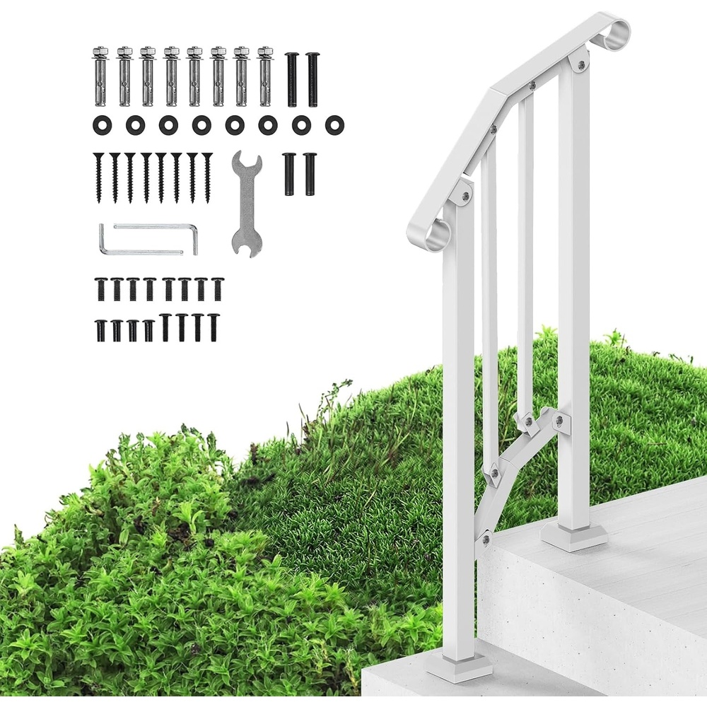 image:imageVEVOR Handrails for Outdoor Steps 1 Step Stair Hand Rail Kit Transitional Carbon Steel Railings with Installation Kit Stair Rails for Seniors Concrete Steps amp Porch amp Deck Black Retro ArchWhiteFence