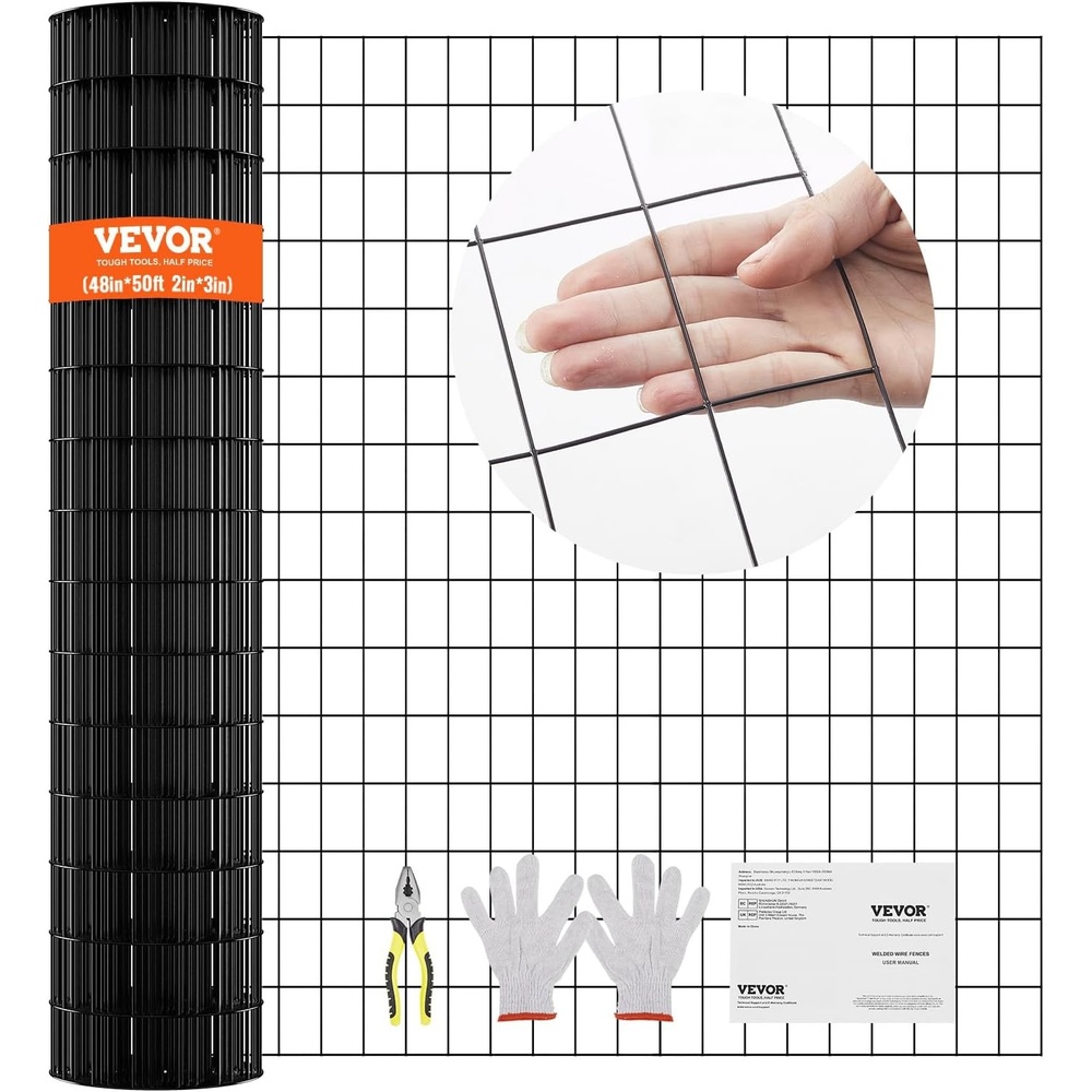image:imageVEVOR Hardware Cloth 48 x 50 amp 1x1 Mesh Size Galvanized Steel Vinyl Coated 16 Gauge Welded Wire wA Cutting Plier amp A Pair of Fabric Gloves for Garden Fencing amp Pet Enclosures Black48x50 3x2inch