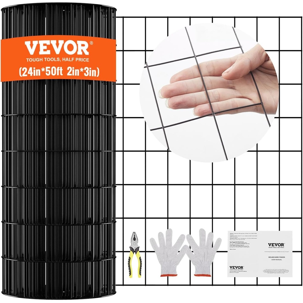 image:imageVEVOR Hardware Cloth 48 x 50 amp 1x1 Mesh Size Galvanized Steel Vinyl Coated 16 Gauge Welded Wire wA Cutting Plier amp A Pair of Fabric Gloves for Garden Fencing amp Pet Enclosures Black24x50 3x2inch
