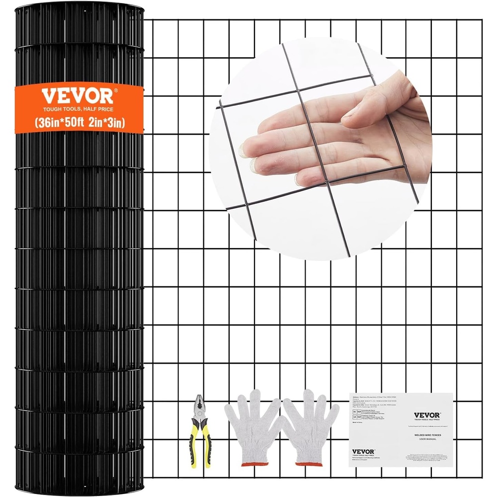 image:imageVEVOR Hardware Cloth 48 x 50 amp 1x1 Mesh Size Galvanized Steel Vinyl Coated 16 Gauge Welded Wire wA Cutting Plier amp A Pair of Fabric Gloves for Garden Fencing amp Pet Enclosures Black36x50 3x2inch