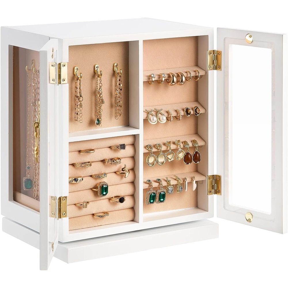 image:imageVEVOR Jewelry Box 360 Rotating Jewelry Organizer with 5 Drawers Acrylic Window 4 Necklace Hooks on Each Side Spacious Storage Case with Metal Handles Bottom Pad and Soft Velvet Lining White8869107 inch