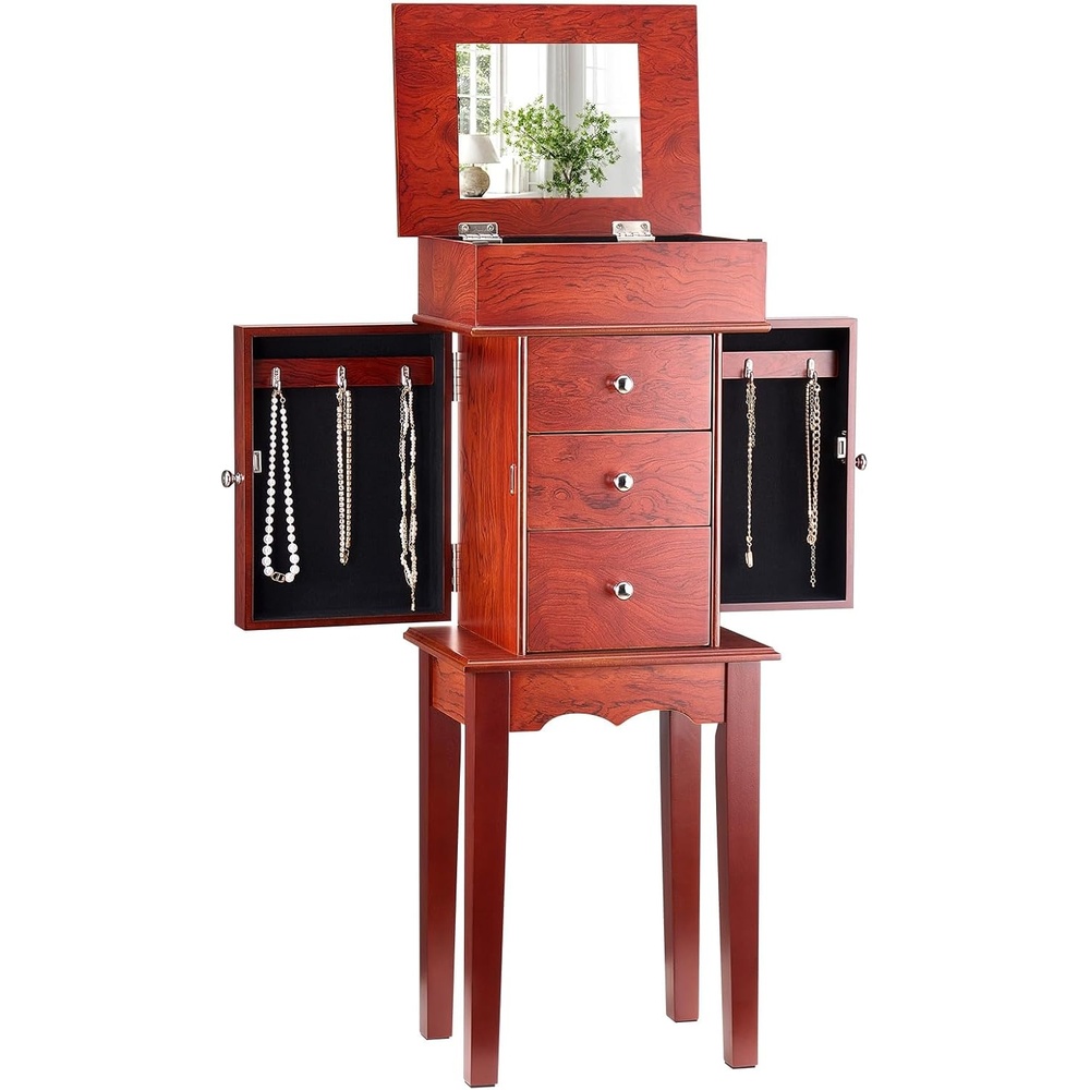 image:imageVEVOR Jewelry Cabinet Armoire Standing Wood Jewelry Storage Chest with 4 Spacious Drawers Flip Top Mirror 4 Top Storage Compartments Zinc Alloy Handles 2 Side Doors with 16 Necklace Hooks3 Drawers