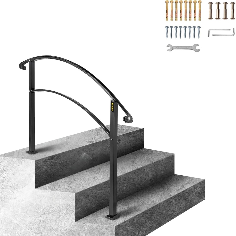 image:imageVEVOR Outdoor Handrails for Outdoor Steps Fit 23 Steps Outdoor Stair Railing Black Wrought Iron Handrail Flexible Front Porch Hand Rail Transitional Handrails for Concrete Steps or Wooden StairsStyle1  Curved