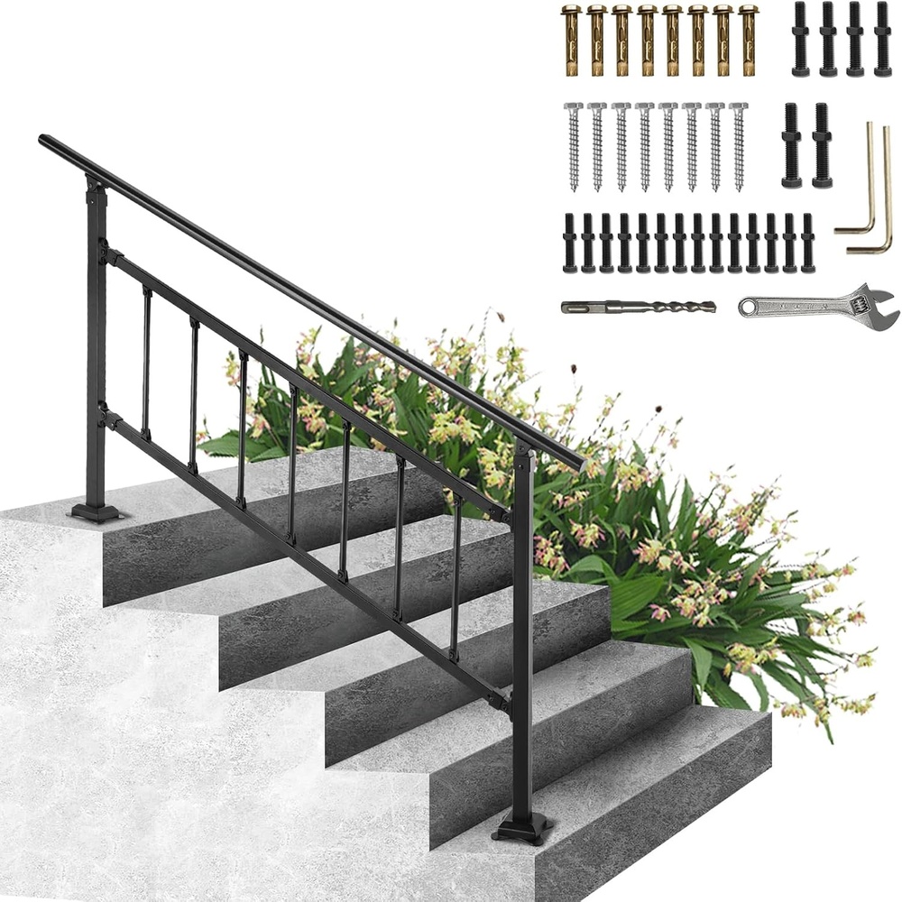 image:imageVEVOR Outdoor Handrails for Outdoor Steps Fit 23 Steps Outdoor Stair Railing Black Wrought Iron Handrail Flexible Front Porch Hand Rail Transitional Handrails for Concrete Steps or Wooden StairsStyle5  Straight w Fence