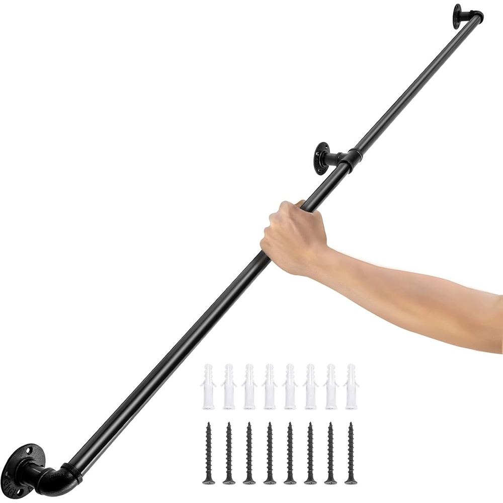 image:imageVEVOR Pipe Stair Handrail 8FT Staircase Handrail 440LBS Load Capacity Carbon Steel Pipe Handrail Industrial Pipe Handrail with Wall Mount Support Round Corner Wall Handrailings for Indoor OutdoorCarbon Steel