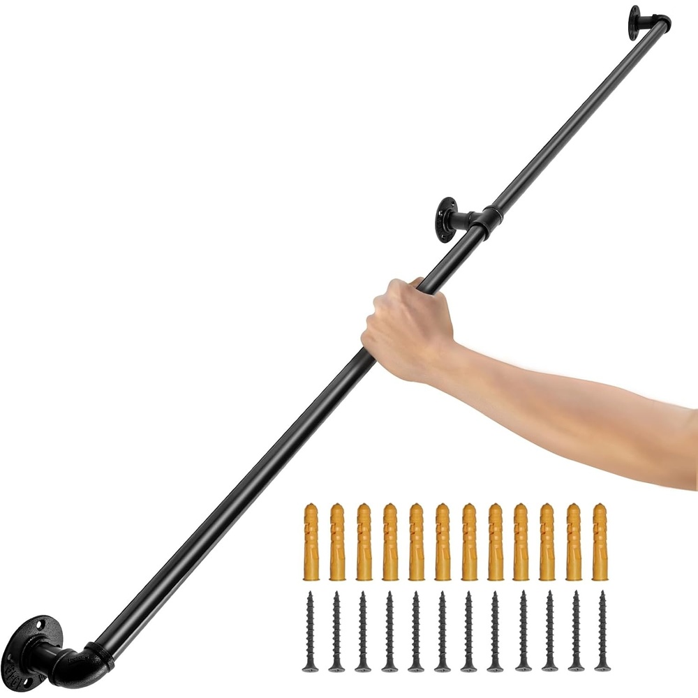 image:imageVEVOR Pipe Stair Handrail 8FT Staircase Handrail 440LBS Load Capacity Carbon Steel Pipe Handrail Industrial Pipe Handrail with Wall Mount Support Round Corner Wall Handrailings for Indoor OutdoorMetal