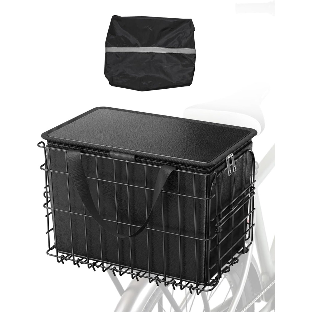 image:imageVEVOR Rear Bike Basket Folding Wire Bicycle Basket with Cargo Net Removable Liner Bag amp Waterproof Cover Quick Release Design Bike Basket for Adult WomenMen Carrying Dogs Pets Fruit amp Grocery