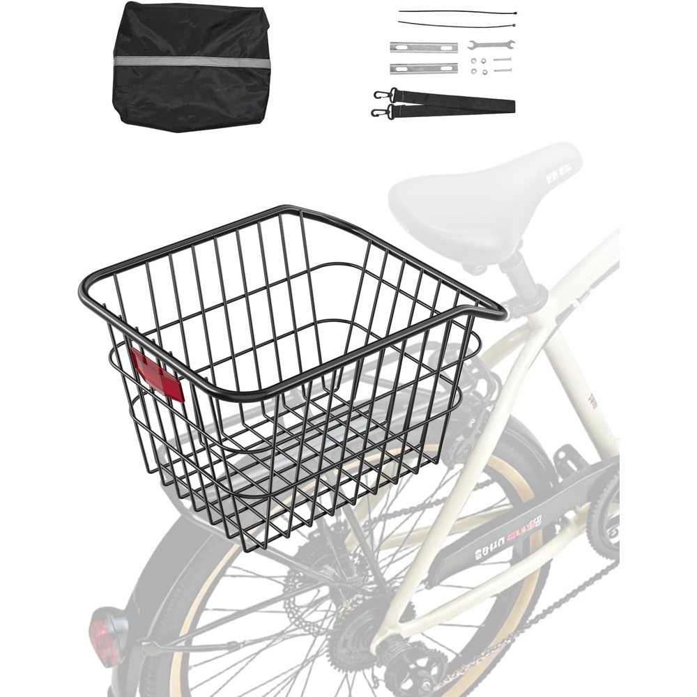 image:imageVEVOR Rear Bike Basket Metal Wire Bicycle Basket with Reflective Tail Light amp Waterproof Cover Durable Bike Back Basket Fits to Most Rear Bike Racks